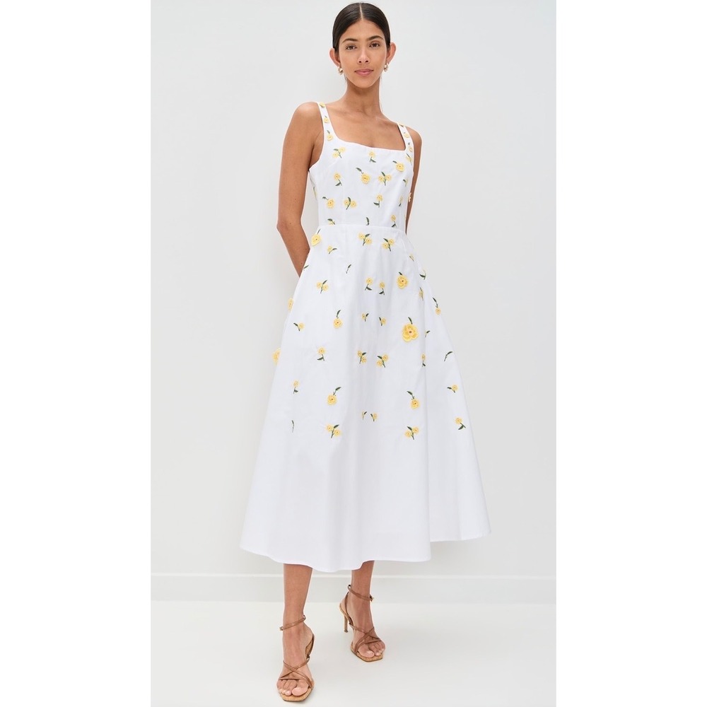 NWT Fanm Mon Amaracia White Cotton Embroidered Floral Midi Dress Small Garden